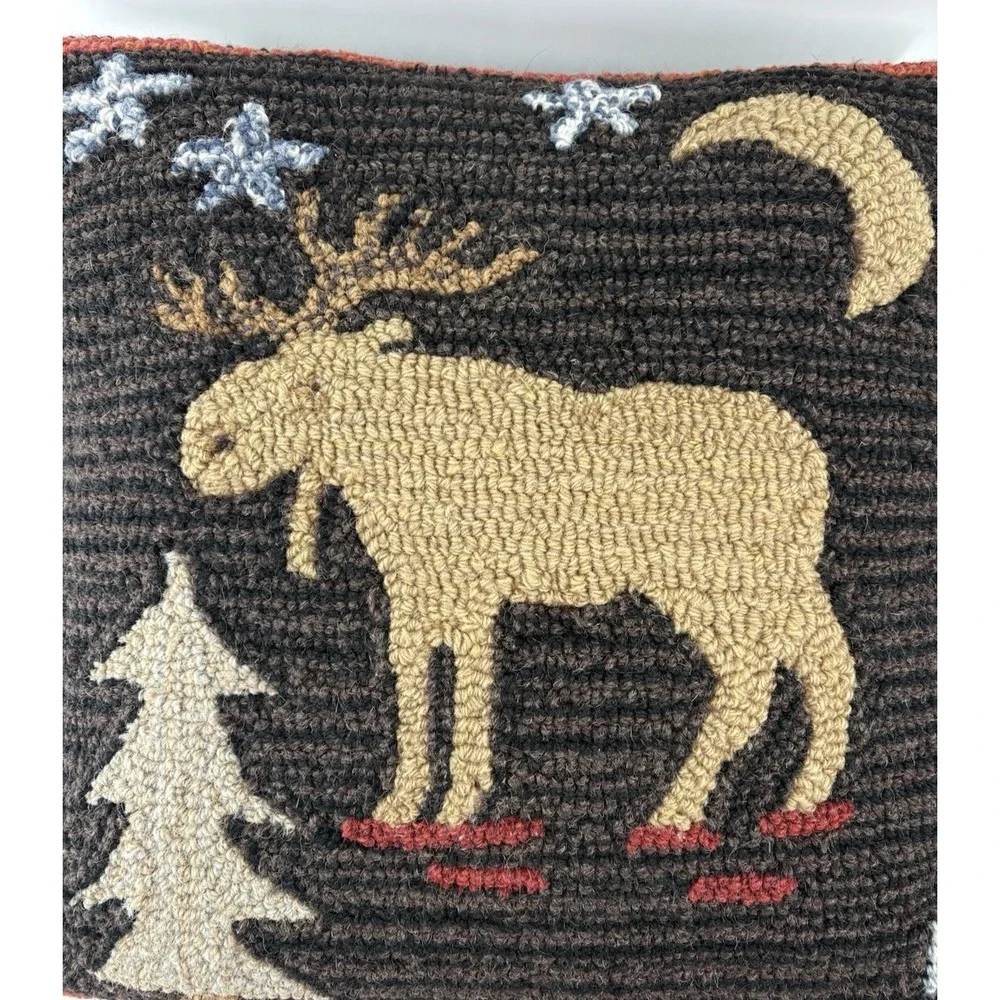 Chandler 4 Corners 18x18 Hooked Wool Pillow Night Moose Laura Megroz Cabin Decor